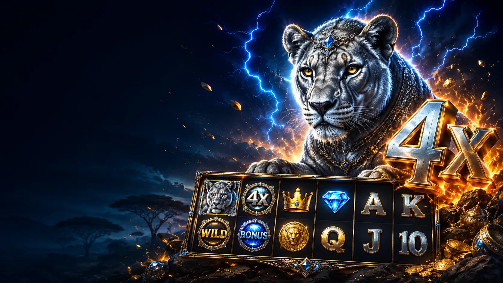 Silver Lioness 4x slot hero artwork