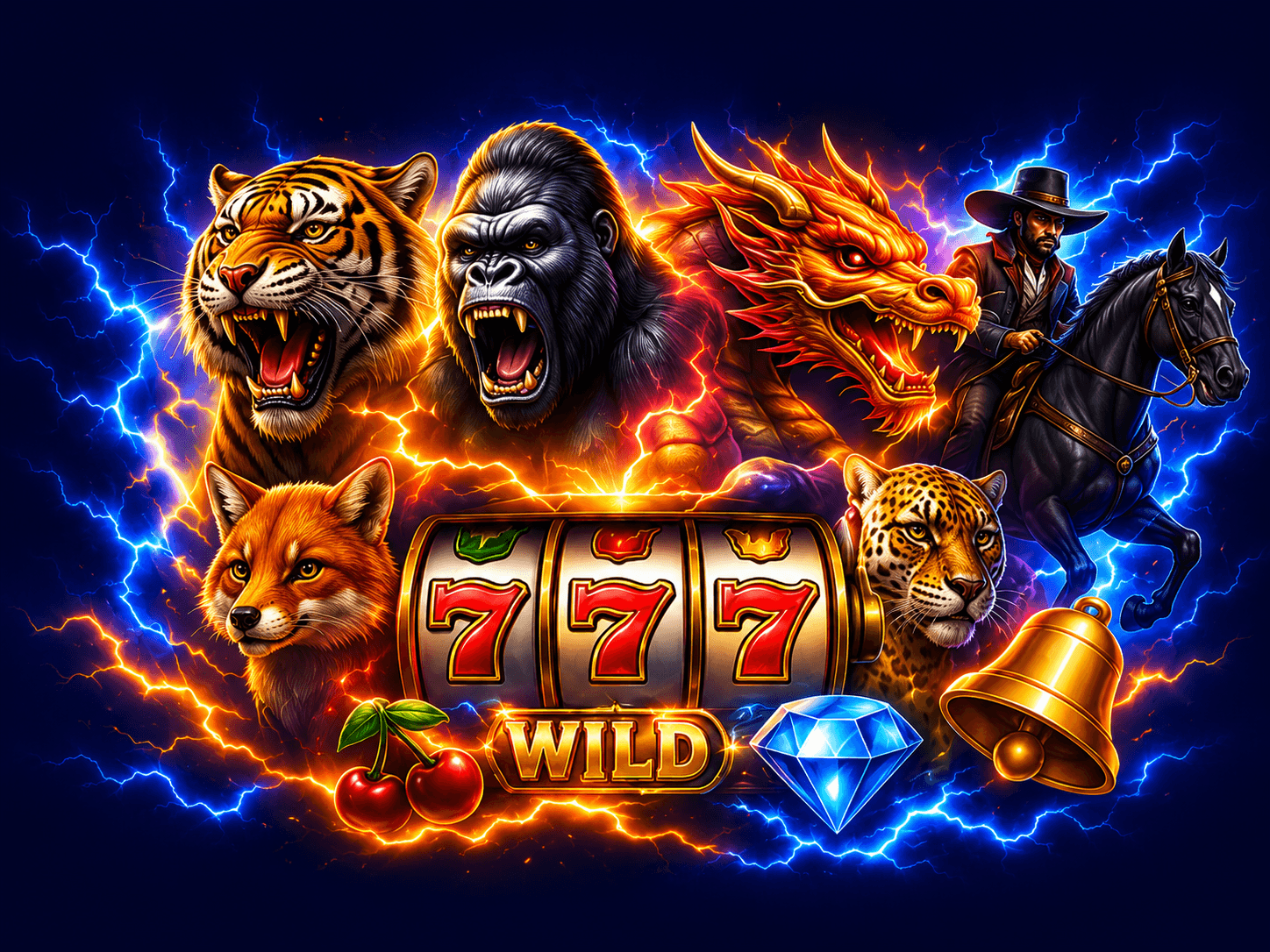 Lightning Box Games Slotfiguren mit Tiger, Gorilla, Drache, Reiter und Jackpot-Walzen